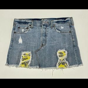 Levi’s Women’s Cutoff Denim Skirt, Yellow Paisley, Button-Fly, Distressed, Sz 9